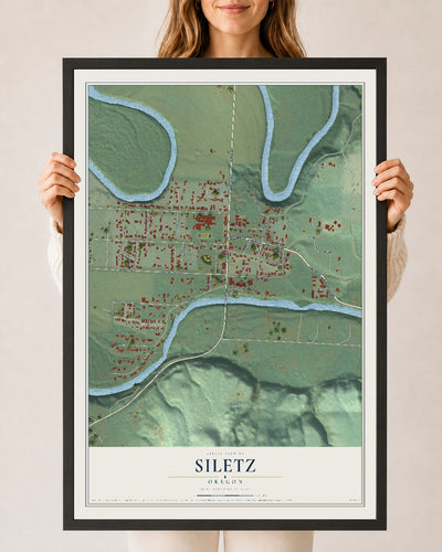 Map of Siletz, Oregon, 24 x 36 inch print in a black wood frame
