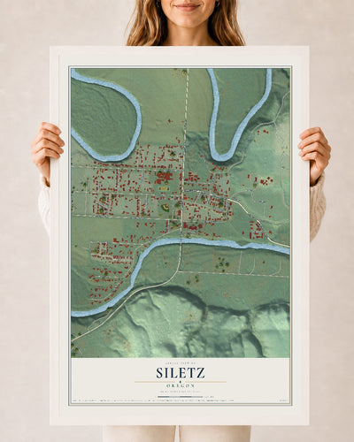 Map of Siletz, Oregon, 24 x 36 inch print in a white wood frame