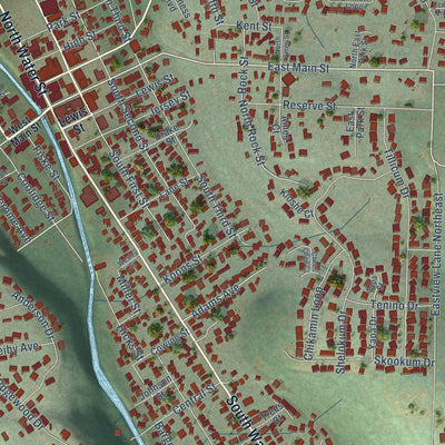 Close-up of the map of Silverton, Oregon print showing street and building detail