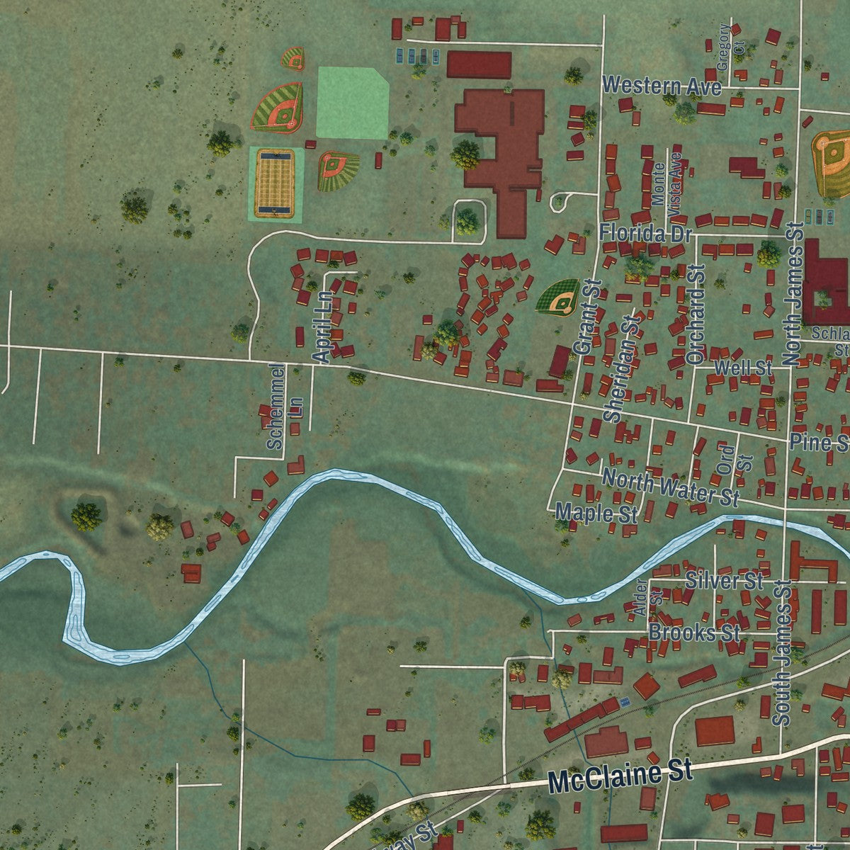 Second close-up of the map of Silverton, Oregon print showing more streets and buildings
