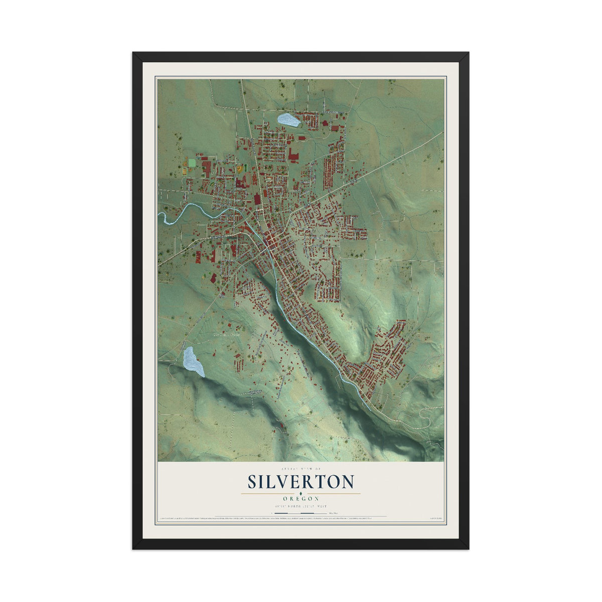 Map of Silverton, Oregon, 12 x 18 inch print in a black wood frame