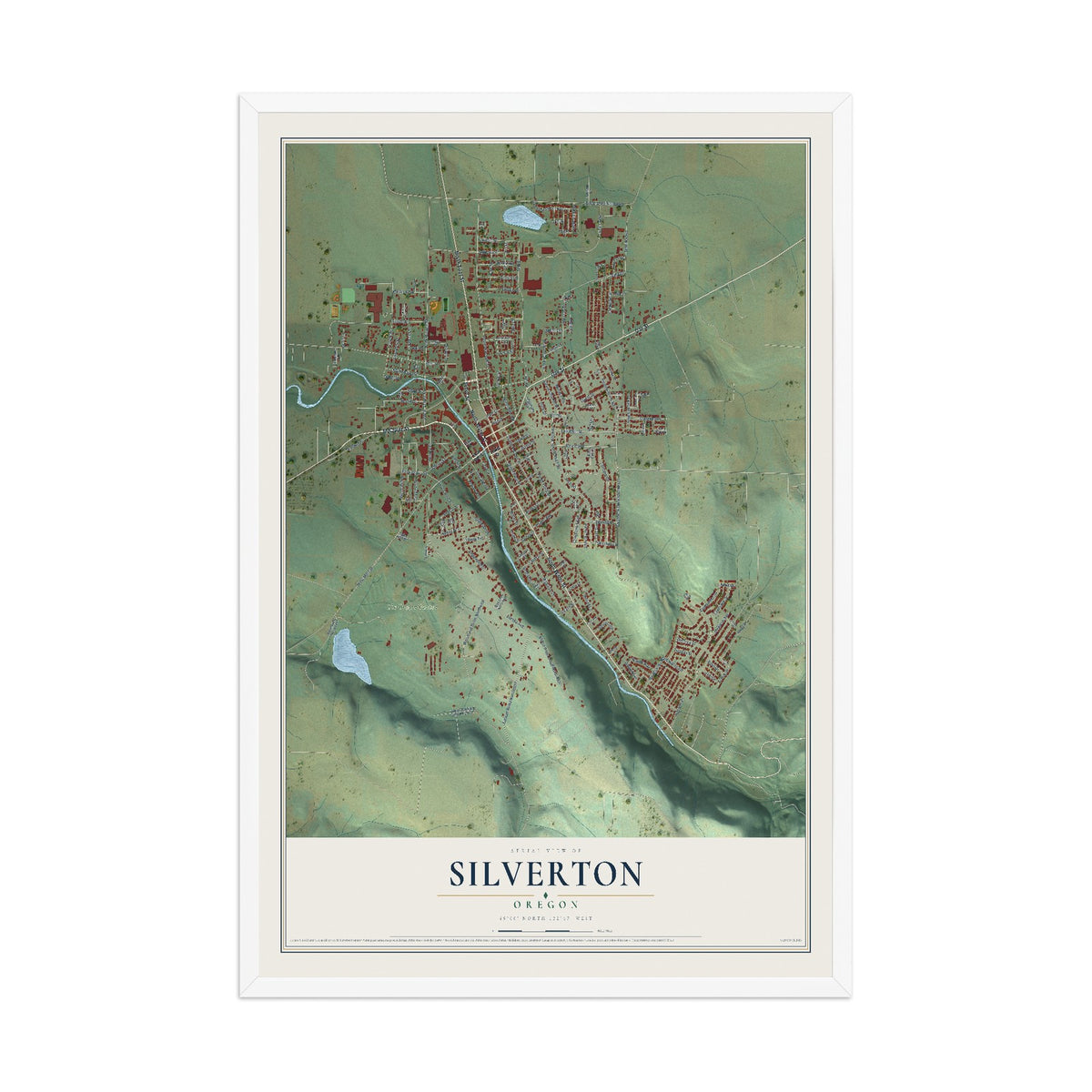 Map of Silverton, Oregon, 12 x 18 inch print in a white wood frame