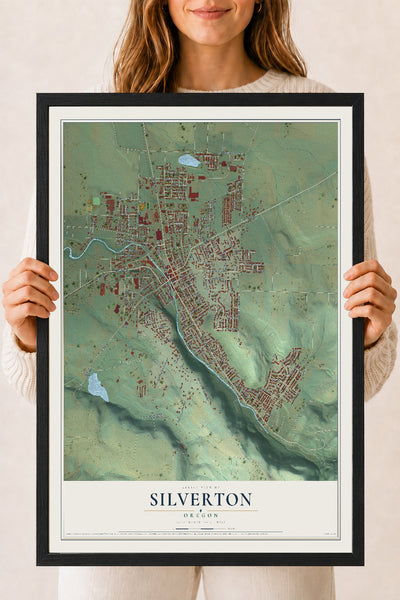 Map of Silverton, Oregon, 18 x 24 inch print in a black wood frame