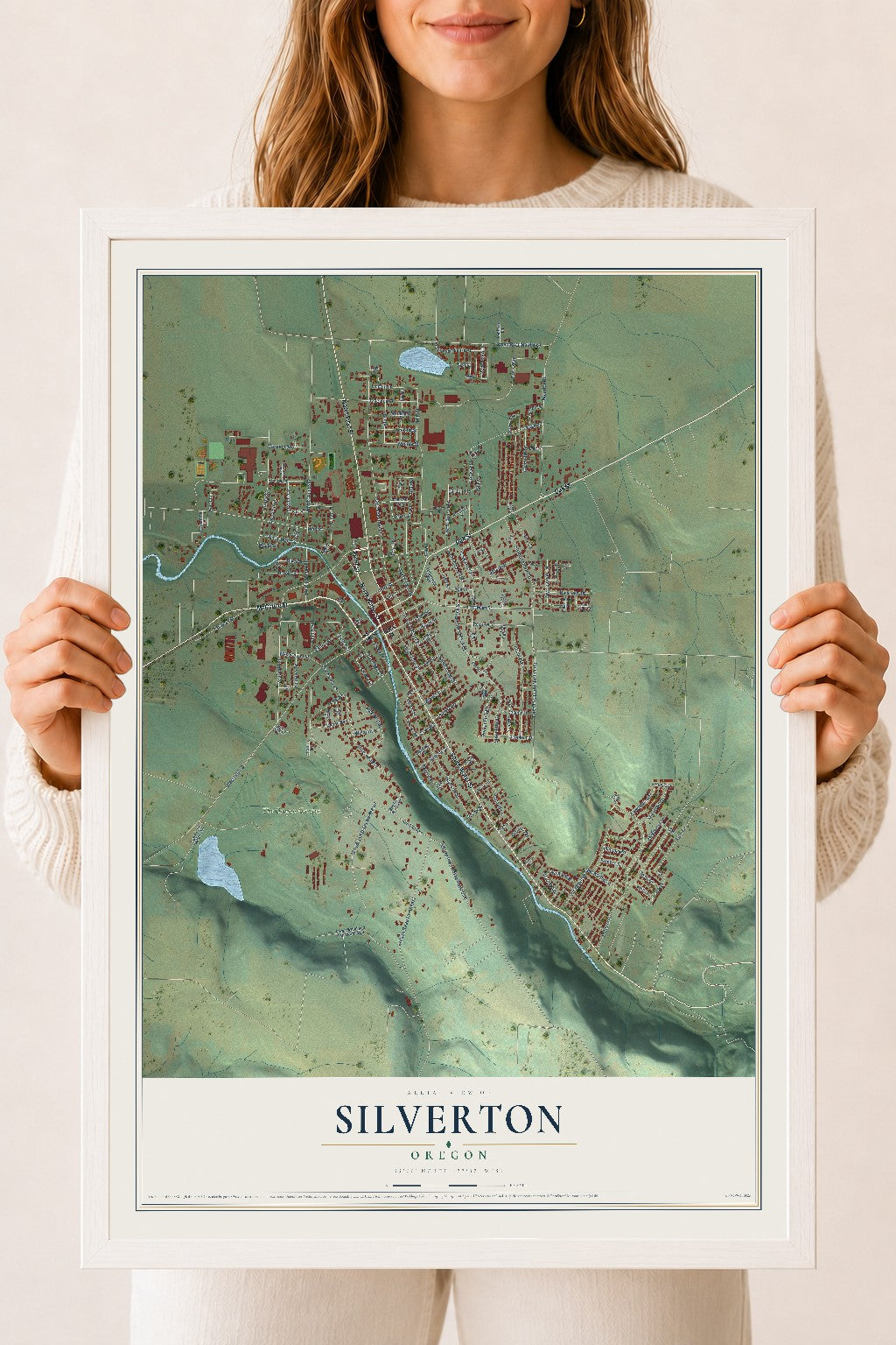 Map of Silverton, Oregon, 18 x 24 inch print in a white wood frame