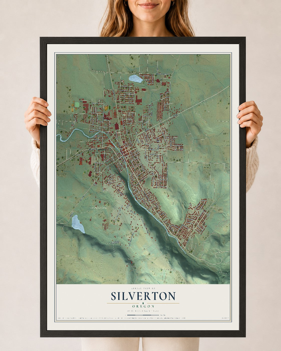 Map of Silverton, Oregon, 24 x 36 inch print in a black wood frame