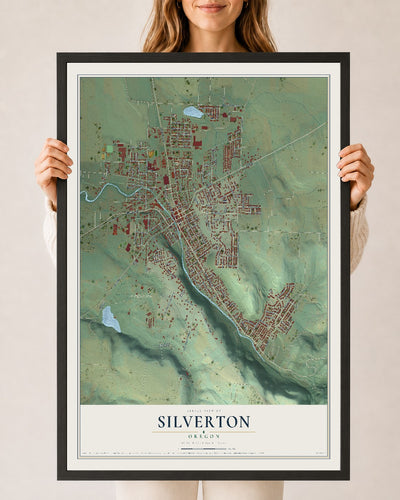 Map of Silverton, Oregon, 24 x 36 inch print in a black wood frame