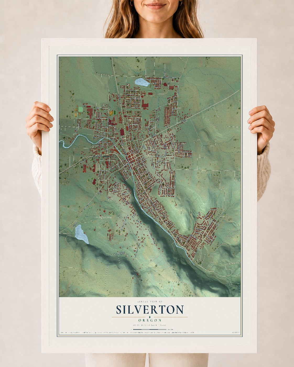 Map of Silverton, Oregon, 24 x 36 inch print in a white wood frame