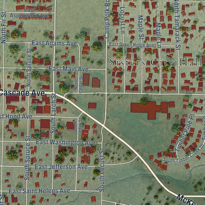 Close-up of the map of Sisters, Oregon print showing street and building detail