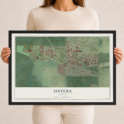 Map of Sisters, Oregon, 12 x 18 inch print in a black wood frame