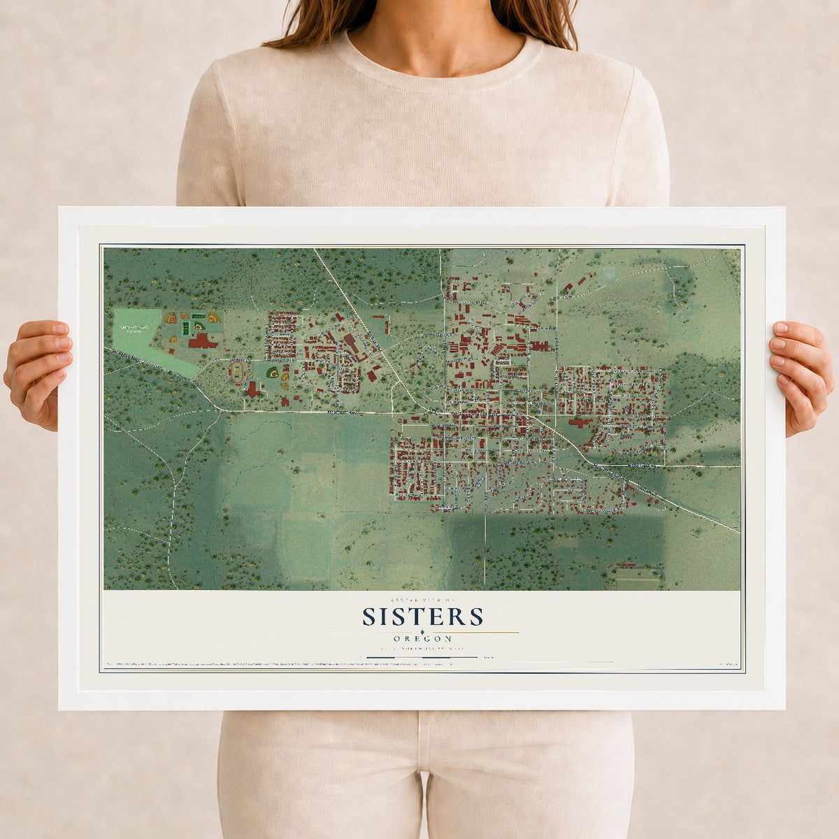 Map of Sisters, Oregon, 12 x 18 inch print in a white wood frame