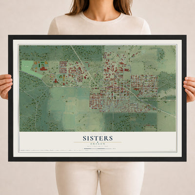 Map of Sisters, Oregon, 18 x 24 inch print in a black wood frame