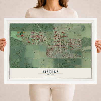 Map of Sisters, Oregon, 18 x 24 inch print in a white wood frame