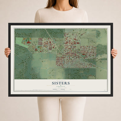 Map of Sisters, Oregon, 24 x 36 inch print in a black wood frame