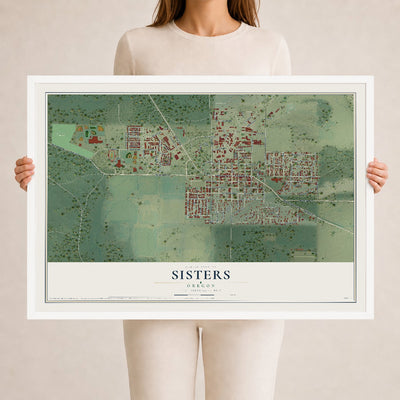 Map of Sisters, Oregon, 24 x 36 inch print in a white wood frame