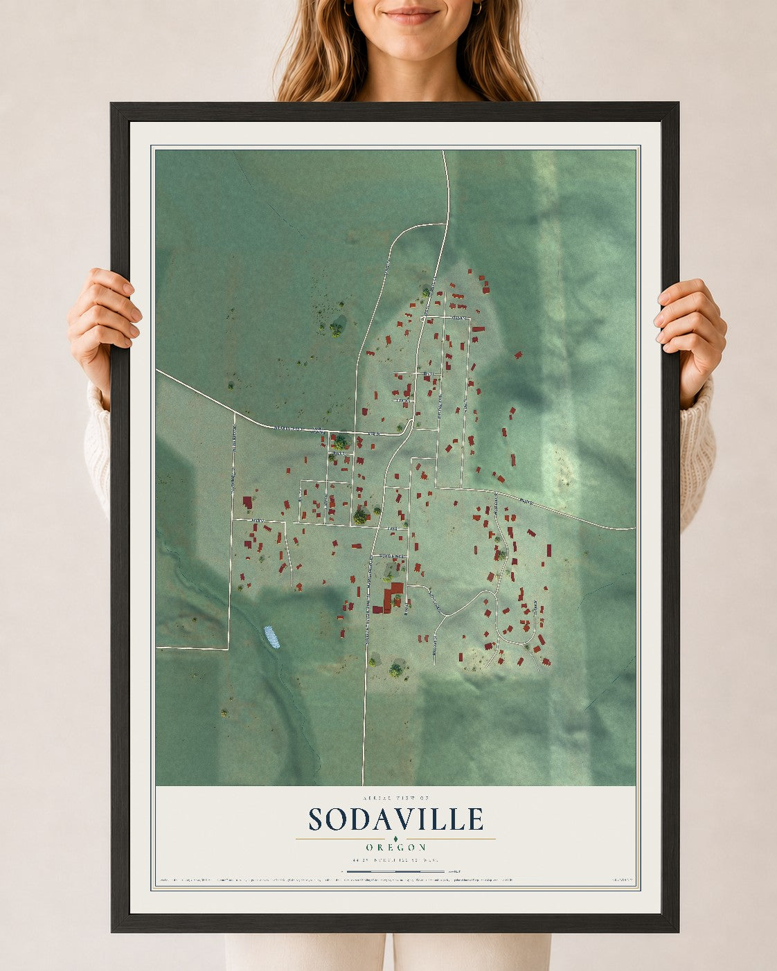 Map of Sodaville, Oregon, 24 x 36 inch print in a black wood frame