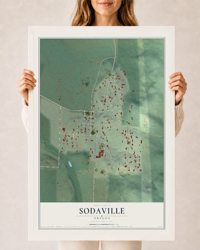Map of Sodaville, Oregon, 24 x 36 inch print in a white wood frame