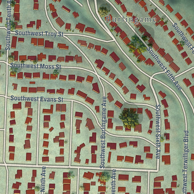 Close-up of the map of South Burlingame, Oregon print showing street and building detail