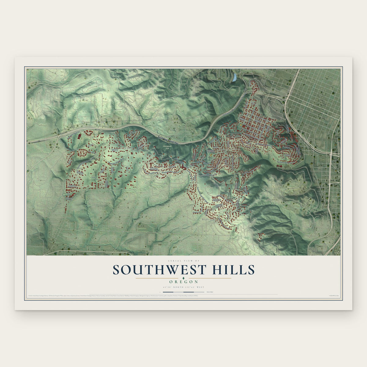 Southwest Hills, Oregon map print, the full design