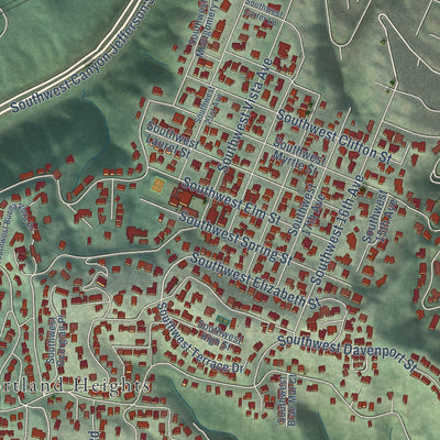 Close-up of the map of Southwest Hills, Oregon print showing street and building detail