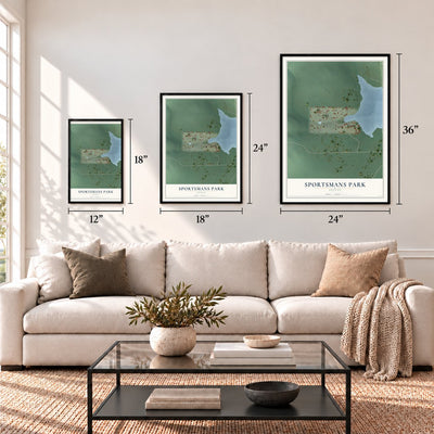 Sportsmans Park, Oregon map in 12 x 18, 18 x 24 and 24 x 36 inch sizes above a sofa