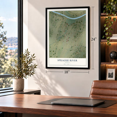 Sprague River, Oregon map, 18 x 24 inch print in a black frame in a home office