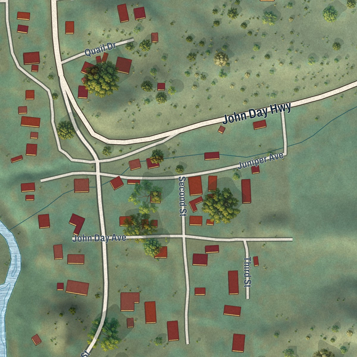Second close-up of the map of Spray, Oregon print showing more streets and buildings