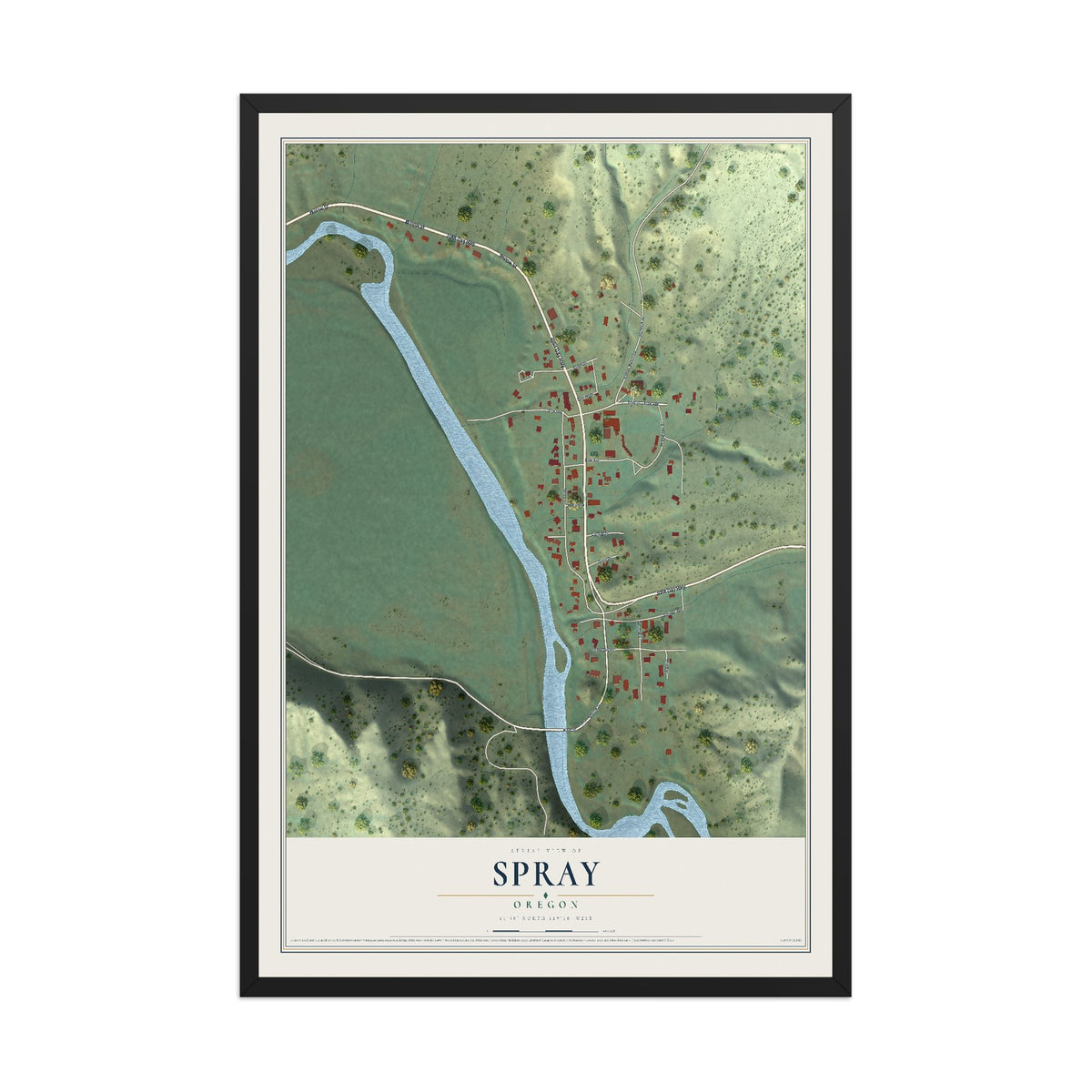 Map of Spray, Oregon, 12 x 18 inch print in a black wood frame