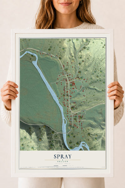 Map of Spray, Oregon, 18 x 24 inch print in a white wood frame