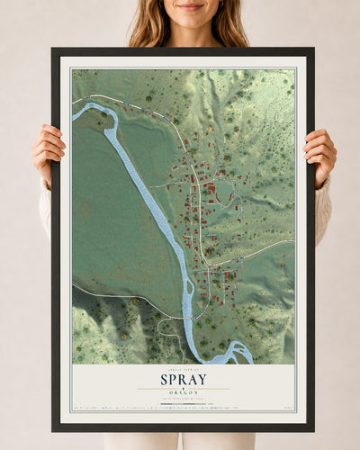 Map of Spray, Oregon, 24 x 36 inch print in a black wood frame