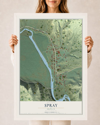 Map of Spray, Oregon, 24 x 36 inch print in a white wood frame