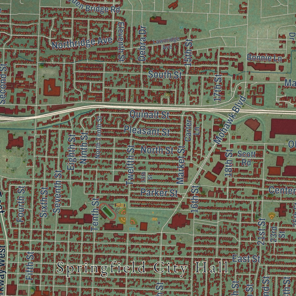 Close-up of the map of Springfield, Oregon print showing street and building detail