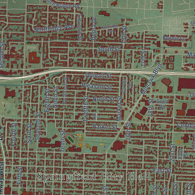 Close-up of the map of Springfield, Oregon print showing street and building detail