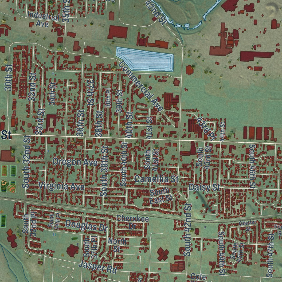 Second close-up of the map of Springfield, Oregon print showing more streets and buildings