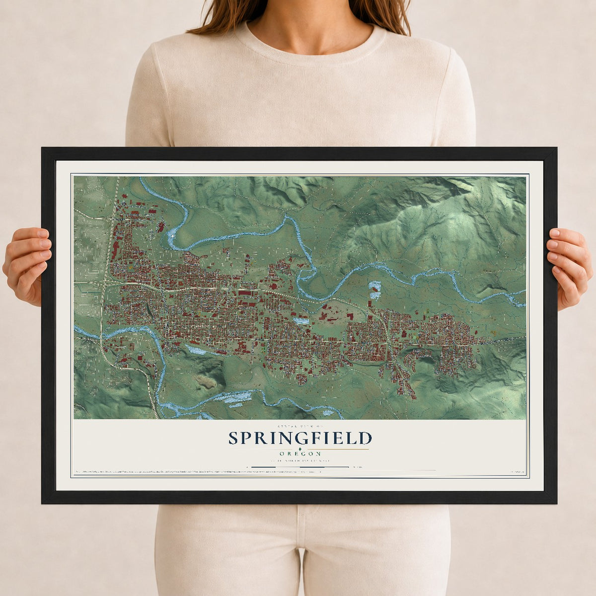 Map of Springfield, Oregon, 12 x 18 inch print in a black wood frame