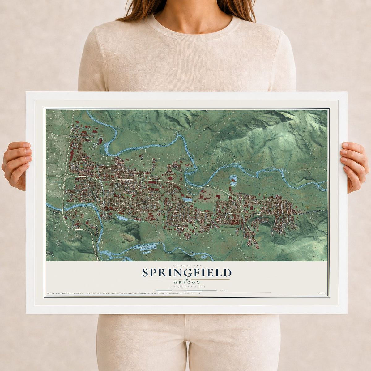Map of Springfield, Oregon, 12 x 18 inch print in a white wood frame