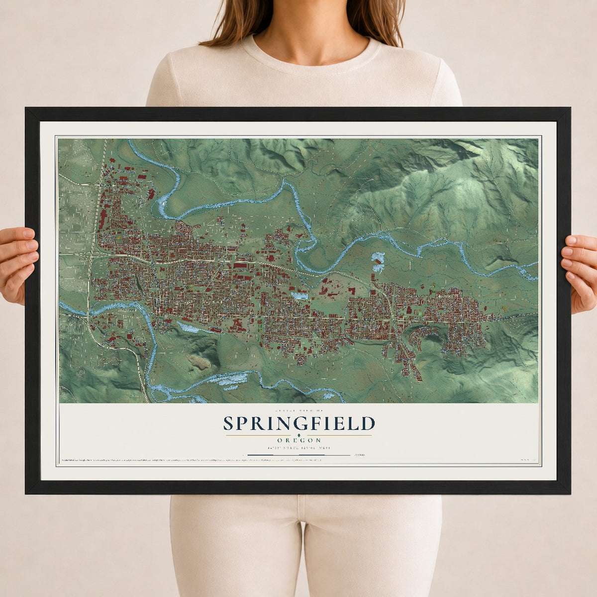 Map of Springfield, Oregon, 18 x 24 inch print in a black wood frame