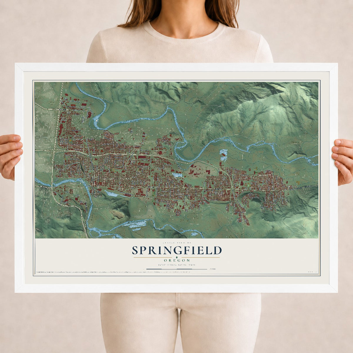 Map of Springfield, Oregon, 18 x 24 inch print in a white wood frame