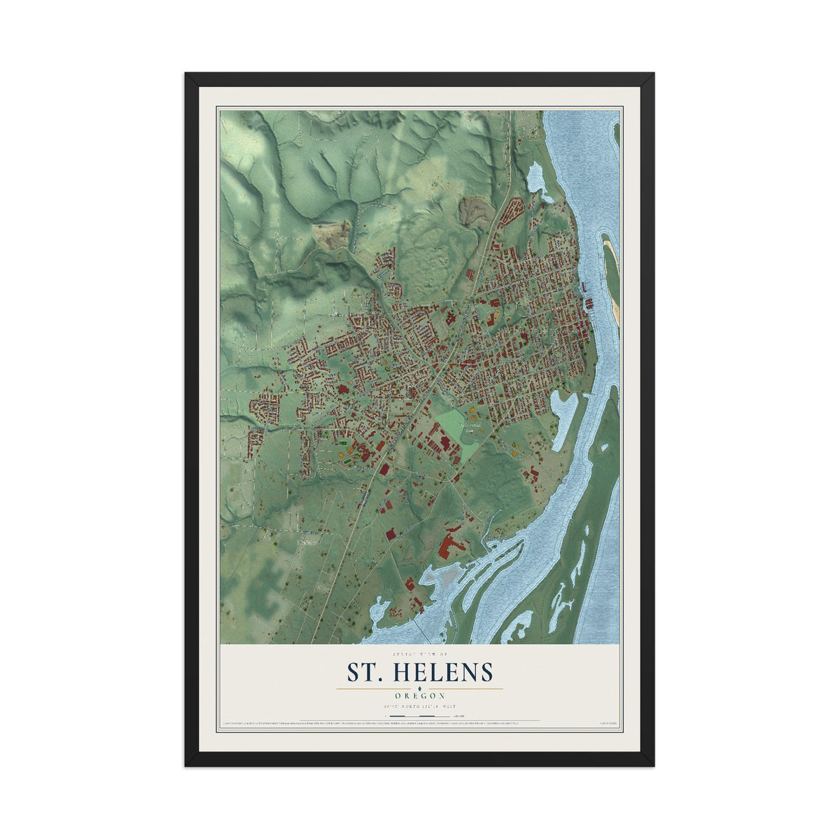 Map of St. Helens, Oregon, 12 x 18 inch print in a black wood frame
