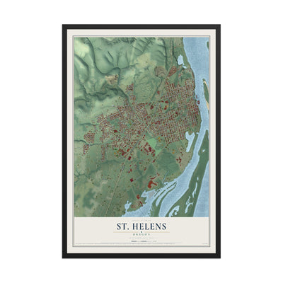 Map of St. Helens, Oregon, 12 x 18 inch print in a black wood frame