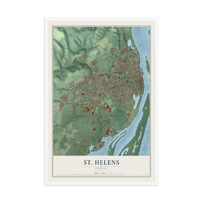 Map of St. Helens, Oregon, 12 x 18 inch print in a white wood frame