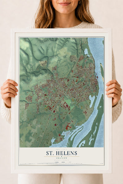 Map of St. Helens, Oregon, 18 x 24 inch print in a white wood frame