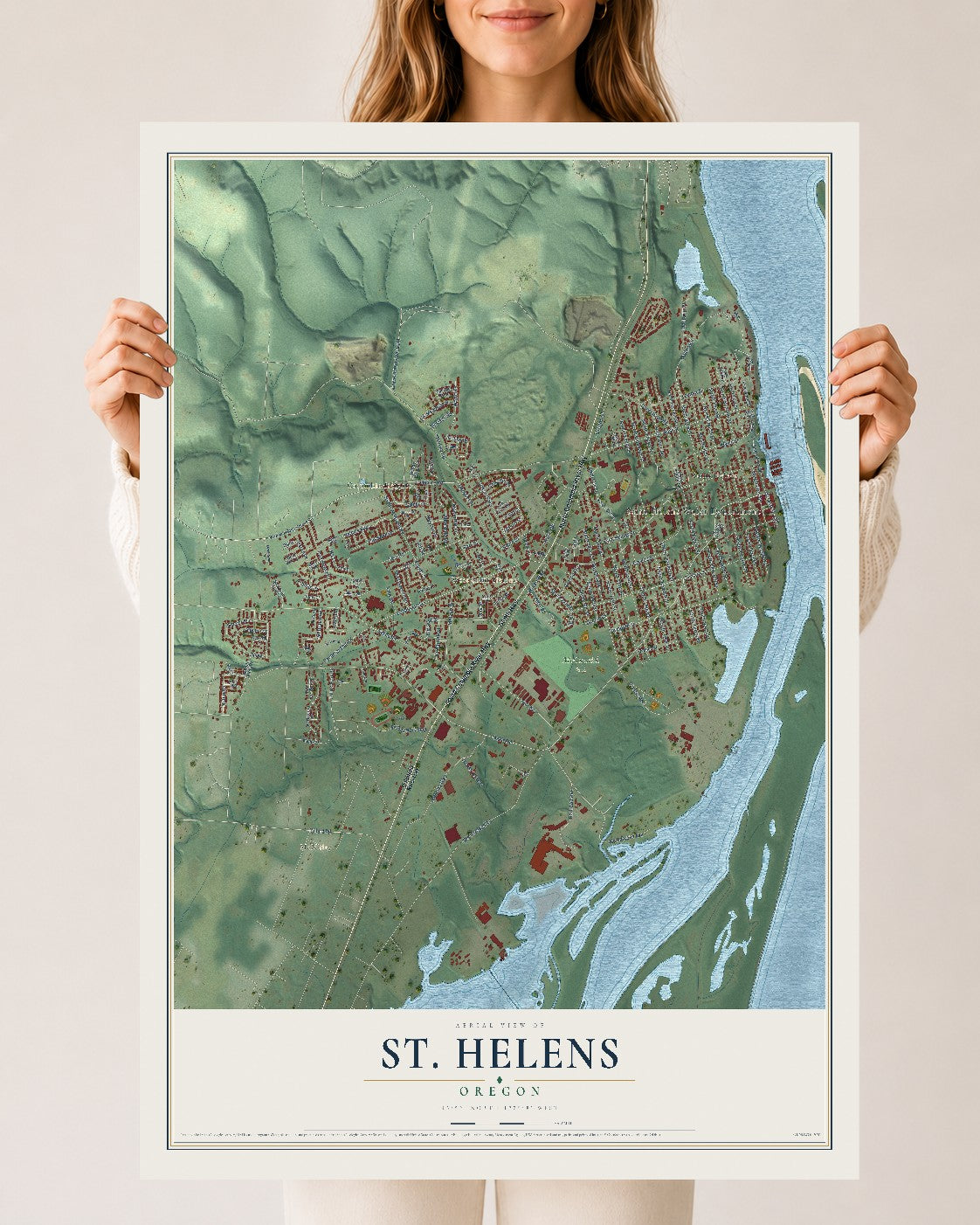 Map of St. Helens, Oregon, 24 x 36 inch unframed archival matte print