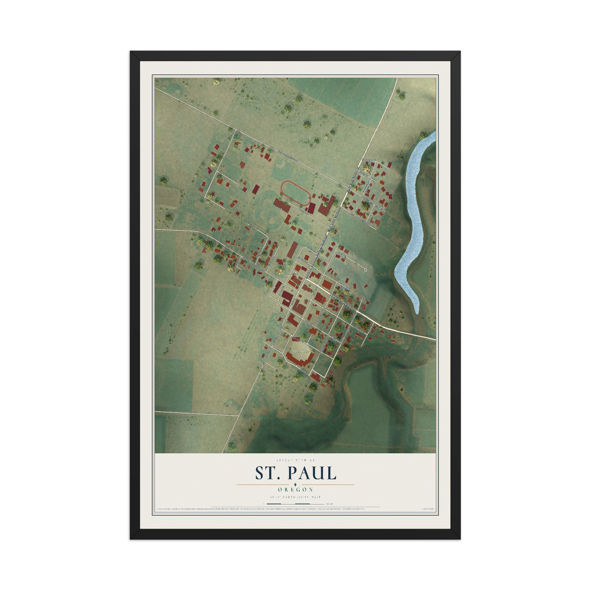 Map of St. Paul, Oregon, 12 x 18 inch print in a black wood frame