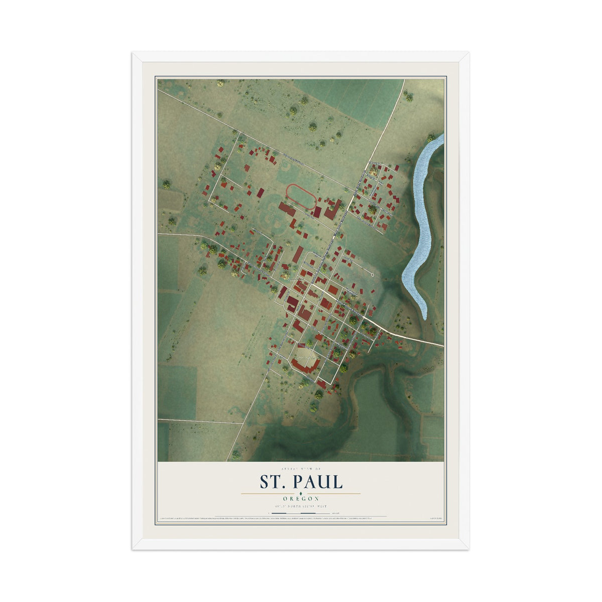 Map of St. Paul, Oregon, 12 x 18 inch print in a white wood frame