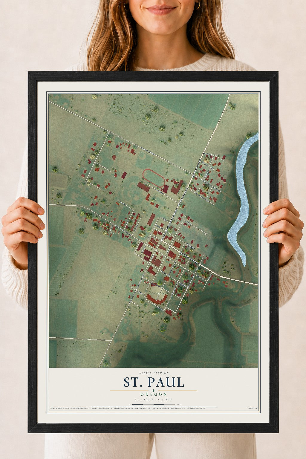 Map of St. Paul, Oregon, 18 x 24 inch print in a black wood frame