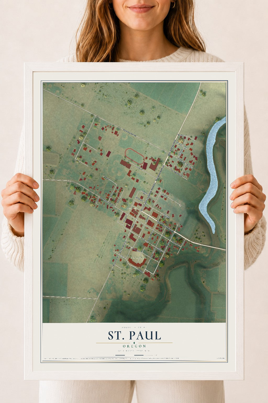Map of St. Paul, Oregon, 18 x 24 inch print in a white wood frame