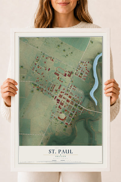 Map of St. Paul, Oregon, 18 x 24 inch print in a white wood frame