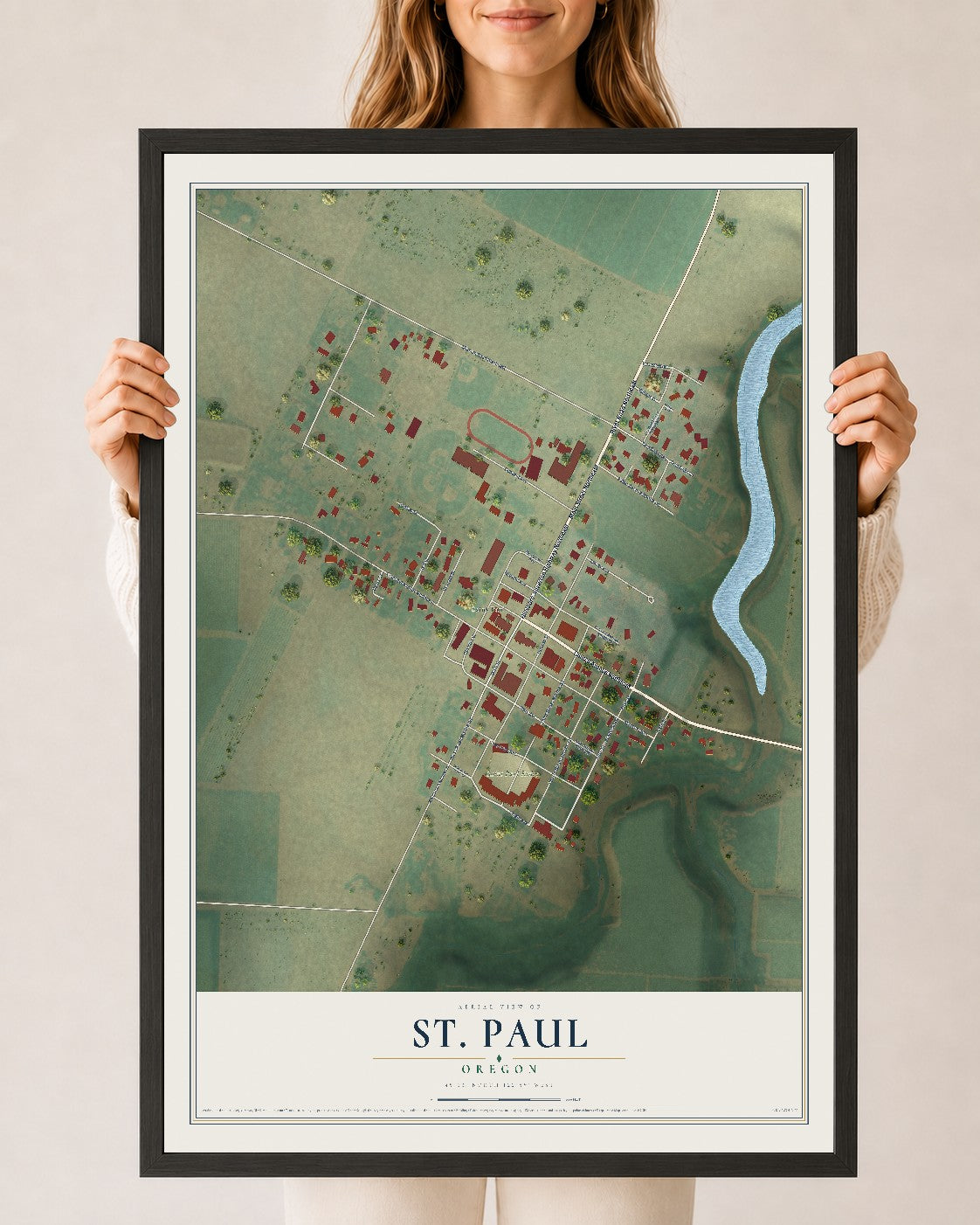 Map of St. Paul, Oregon, 24 x 36 inch print in a black wood frame