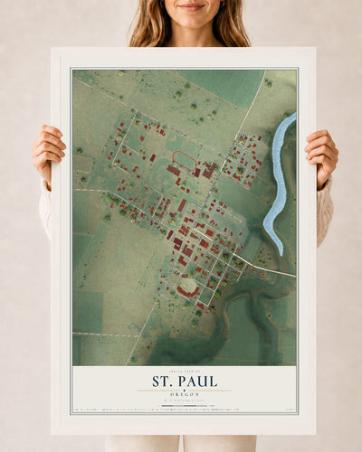 Map of St. Paul, Oregon, 24 x 36 inch print in a white wood frame