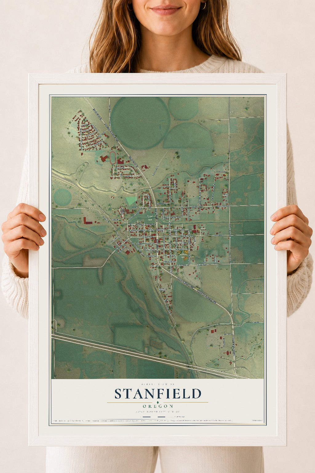 Map of Stanfield, Oregon, 18 x 24 inch print in a white wood frame
